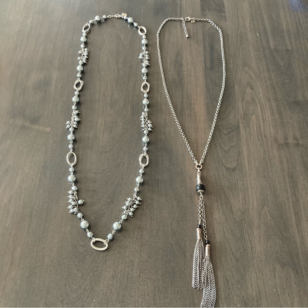 Talbots Long Chain Silver Toned Pendent Beaded Bundle Set of 2 Necklaces